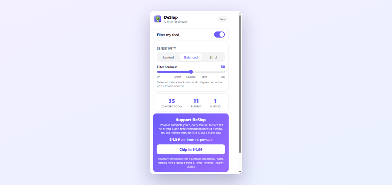 DeSlop popup with Lenient, Balanced, Strict sensitivity controls and a private-by-design note