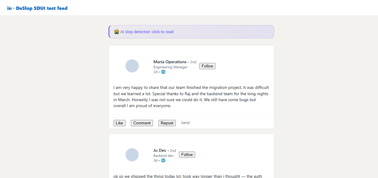 DeSlop hiding an AI-generated LinkedIn post while genuine human posts remain visible